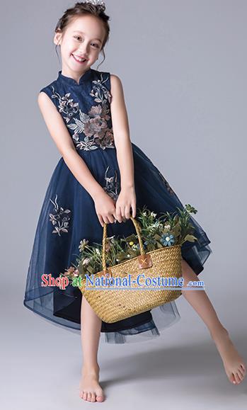 Top Grade Catwalks Navy Lace Full Dress Children Birthday Costume Stage Show Girls Compere Bubble Dress