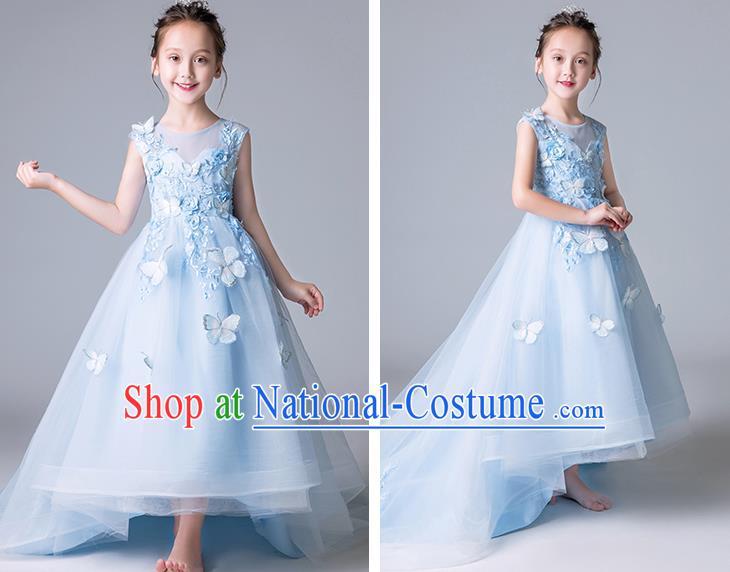 Top Grade Catwalks Blue Veil Full Dress Children Birthday Costume Stage Show Girls Compere Butterfly Dress