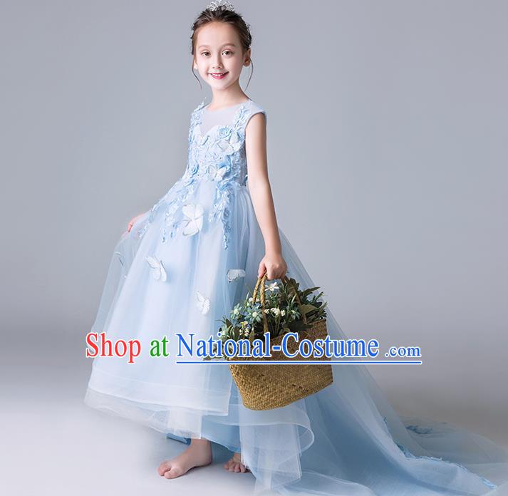 Top Grade Catwalks Blue Veil Full Dress Children Birthday Costume Stage Show Girls Compere Butterfly Dress