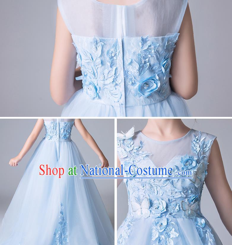 Top Grade Catwalks Blue Veil Full Dress Children Birthday Costume Stage Show Girls Compere Butterfly Dress