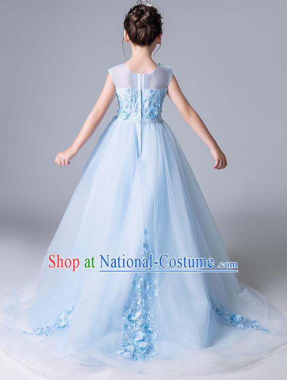 Top Grade Catwalks Blue Veil Full Dress Children Birthday Costume Stage Show Girls Compere Butterfly Dress