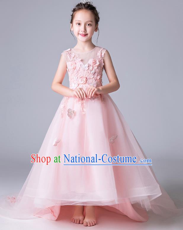 Top Grade Catwalks Pink Veil Full Dress Children Birthday Costume Stage Show Girls Compere Butterfly Flowers Dress