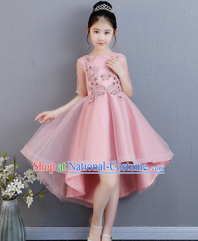 Top Grade Catwalks Pink Short Full Dress Children Birthday Costume Stage Show Girls Compere Lace Dress