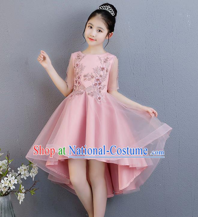 Top Grade Catwalks Pink Short Full Dress Children Birthday Costume Stage Show Girls Compere Lace Dress