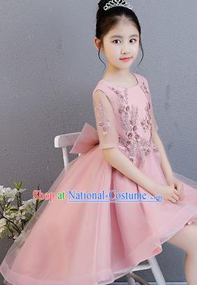 Top Grade Catwalks Pink Short Full Dress Children Birthday Costume Stage Show Girls Compere Lace Dress