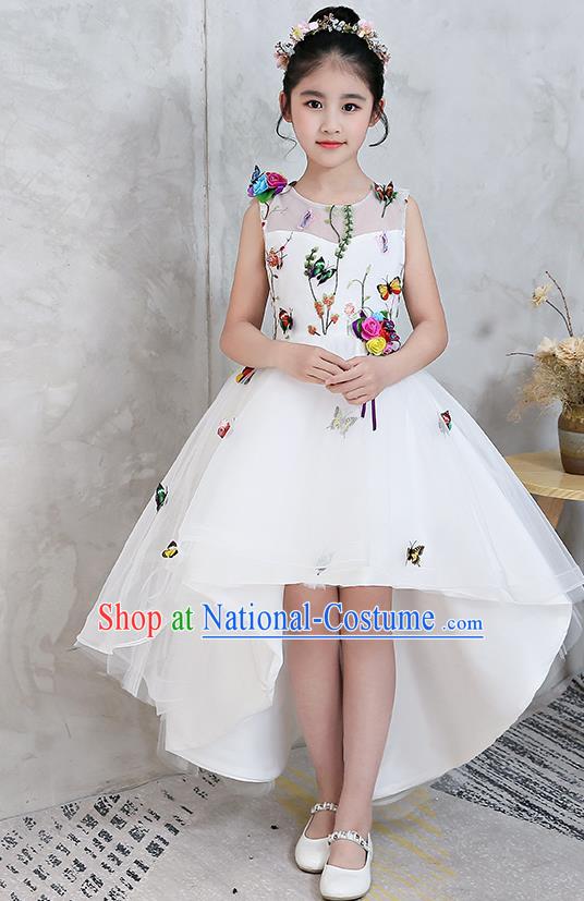 Top Grade Catwalks Flowers Full Dress Children Birthday Costume Stage Show Girls Compere White Veil Dress