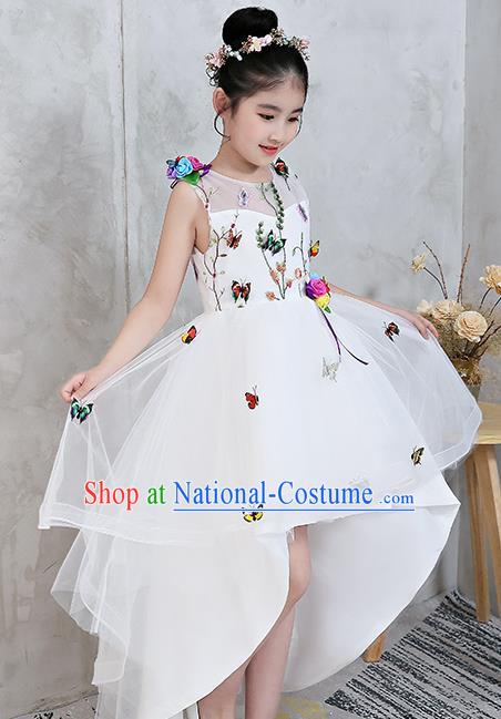 Top Grade Catwalks Flowers Full Dress Children Birthday Costume Stage Show Girls Compere White Veil Dress