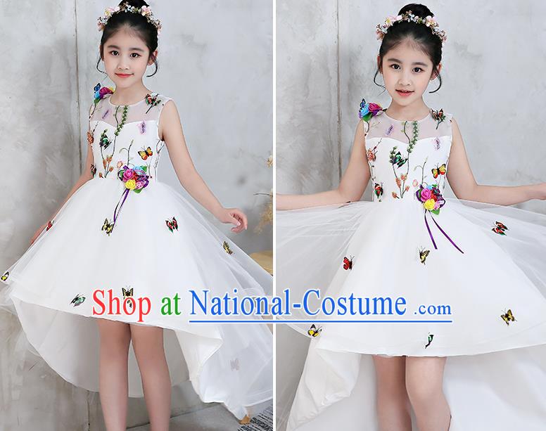 Top Grade Catwalks Flowers Full Dress Children Birthday Costume Stage Show Girls Compere White Veil Dress