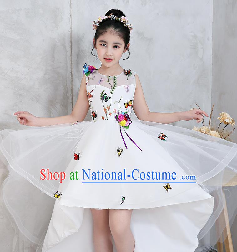 Top Grade Catwalks Flowers Full Dress Children Birthday Costume Stage Show Girls Compere White Veil Dress