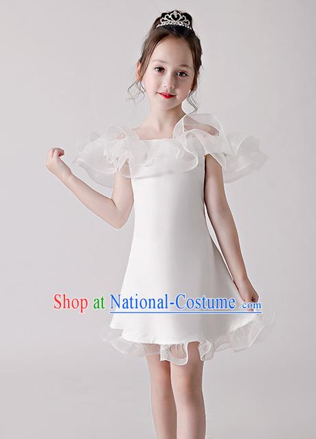 Top Grade Catwalks White Flowers Full Dress Children Birthday Costume Stage Show Girls Compere Short Dress