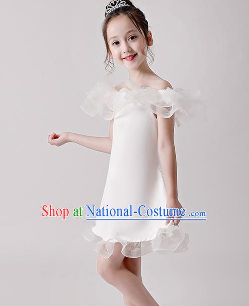 Top Grade Catwalks White Flowers Full Dress Children Birthday Costume Stage Show Girls Compere Short Dress