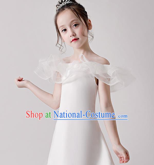 Top Grade Catwalks White Flowers Full Dress Children Birthday Costume Stage Show Girls Compere Short Dress