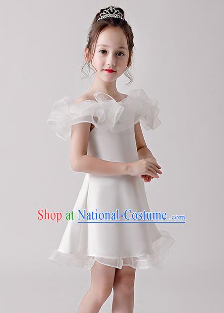 Top Grade Catwalks White Flowers Full Dress Children Birthday Costume Stage Show Girls Compere Short Dress