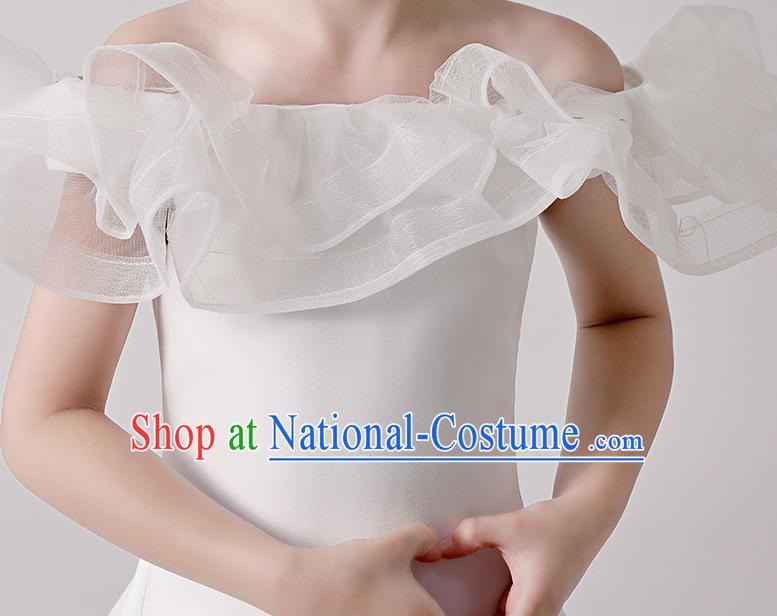 Top Grade Catwalks White Flowers Full Dress Children Birthday Costume Stage Show Girls Compere Short Dress