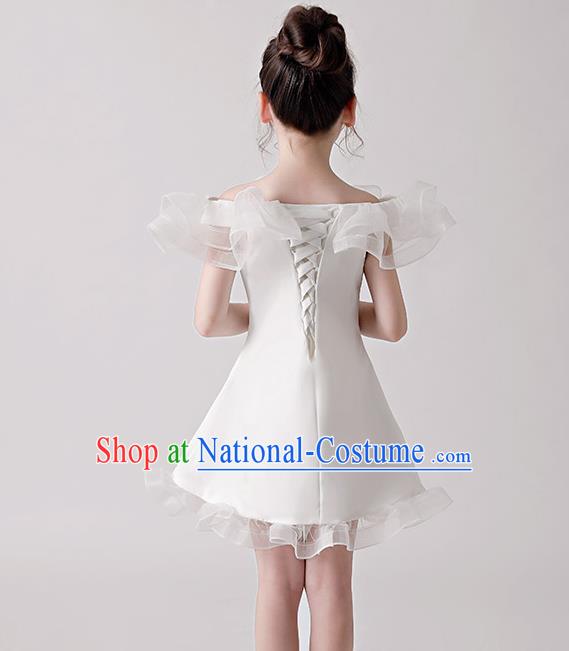 Top Grade Catwalks White Flowers Full Dress Children Birthday Costume Stage Show Girls Compere Short Dress