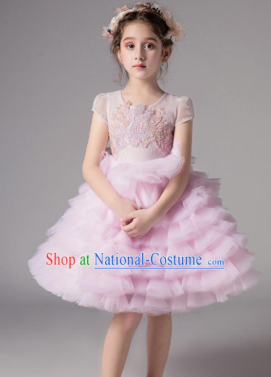 Top Grade Catwalks Veil Bubble Full Dress Children Birthday Costume Stage Show Girls Compere Pink Layered Dress