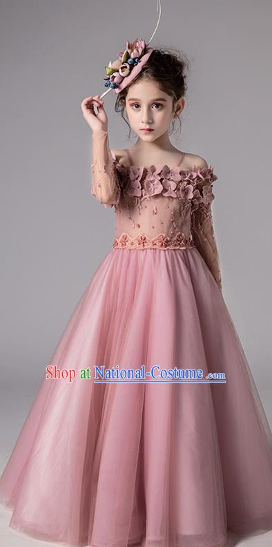 Top Grade Catwalks Off Shoulder Full Dress Children Birthday Costume Stage Show Girls Compere Deep Pink Veil Dress