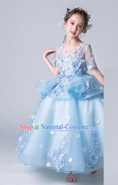 Top Grade Catwalks Blue Flowers Full Dress Children Birthday Costume Stage Show Girls Compere Veil Dress