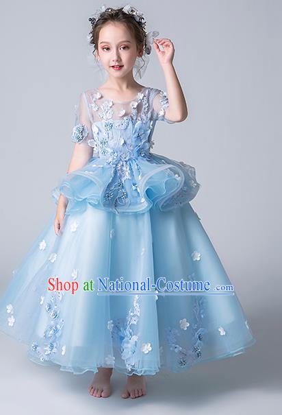 Top Grade Catwalks Blue Flowers Full Dress Children Birthday Costume Stage Show Girls Compere Veil Dress