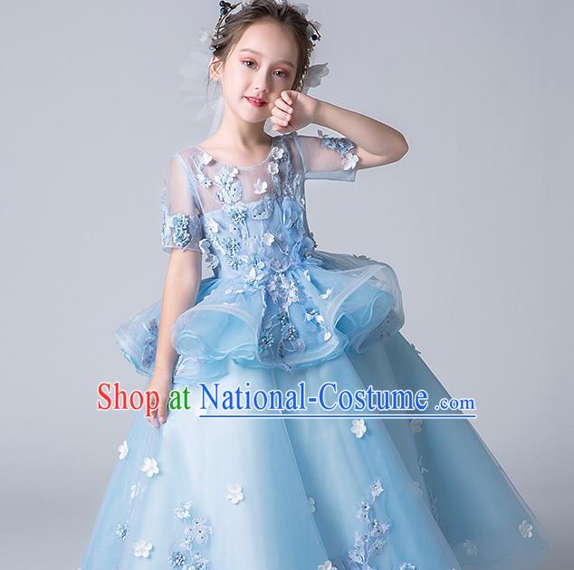 Top Grade Catwalks Blue Flowers Full Dress Children Birthday Costume Stage Show Girls Compere Veil Dress