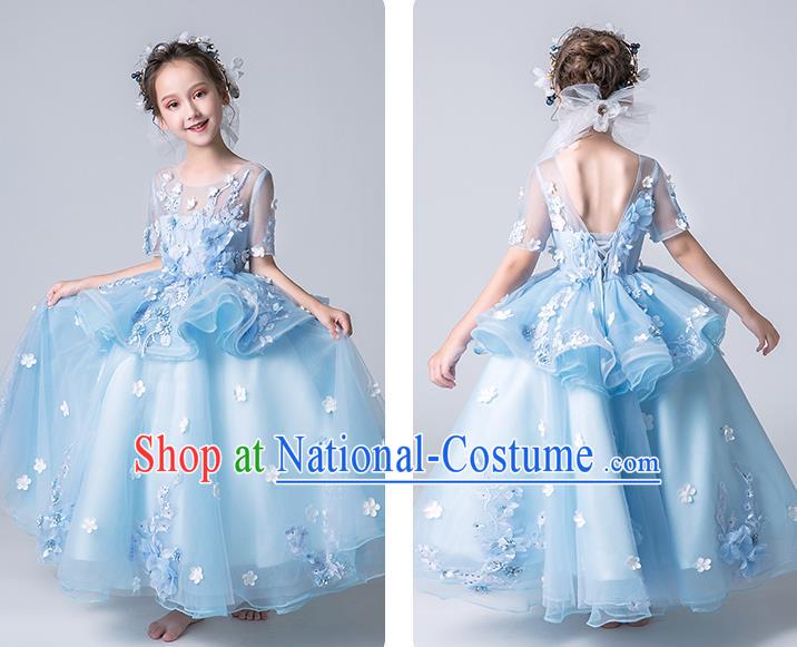 Top Grade Catwalks Blue Flowers Full Dress Children Birthday Costume Stage Show Girls Compere Veil Dress