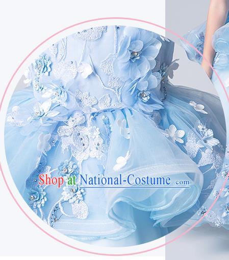 Top Grade Catwalks Blue Flowers Full Dress Children Birthday Costume Stage Show Girls Compere Veil Dress