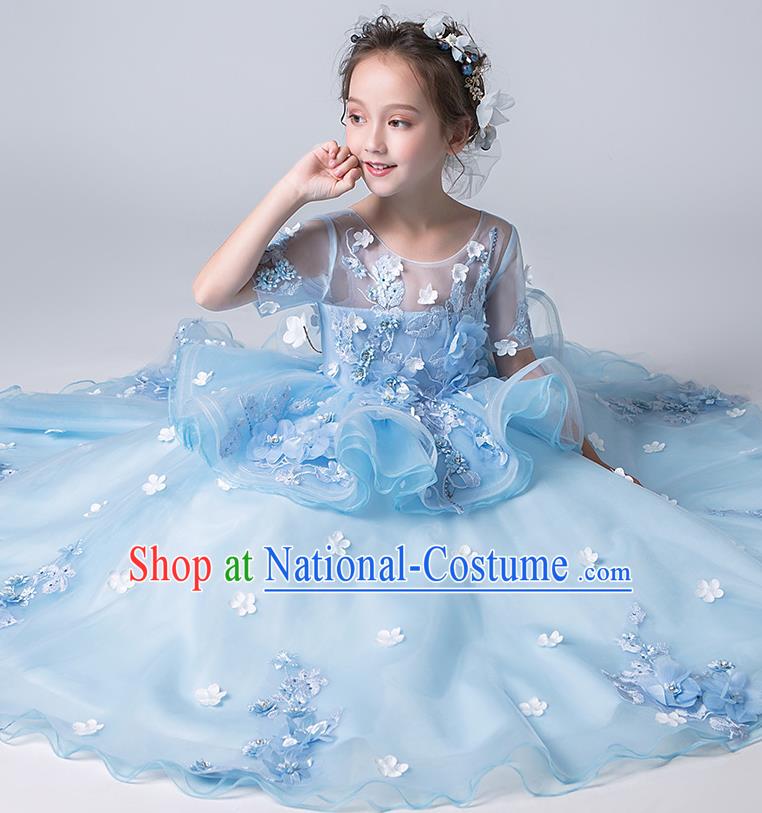 Top Grade Catwalks Blue Flowers Full Dress Children Birthday Costume Stage Show Girls Compere Veil Dress