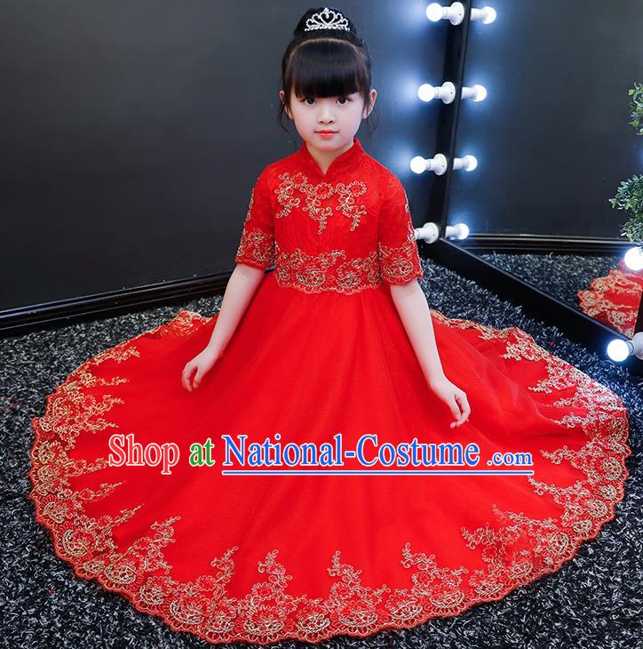 Top Grade Catwalks Veil Full Dress Children Birthday Costume Stage Show Girls Compere Red Long Dress