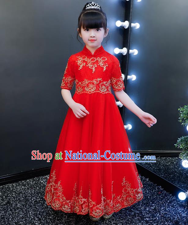 Top Grade Catwalks Veil Full Dress Children Birthday Costume Stage Show Girls Compere Red Long Dress