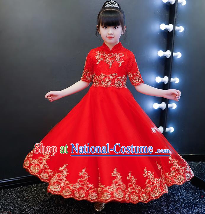 Top Grade Catwalks Veil Full Dress Children Birthday Costume Stage Show Girls Compere Red Long Dress