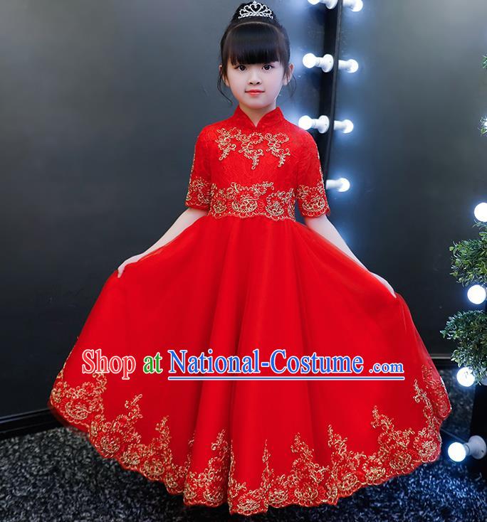 Top Grade Catwalks Veil Full Dress Children Birthday Costume Stage Show Girls Compere Red Long Dress