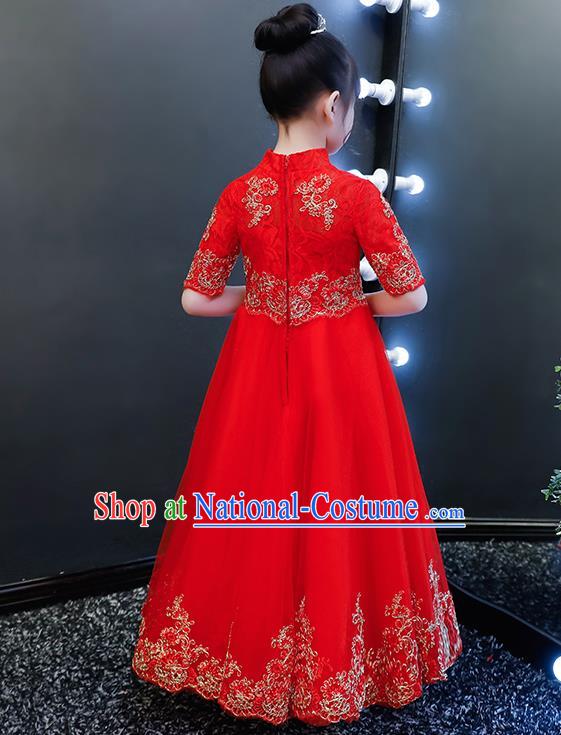 Top Grade Catwalks Veil Full Dress Children Birthday Costume Stage Show Girls Compere Red Long Dress