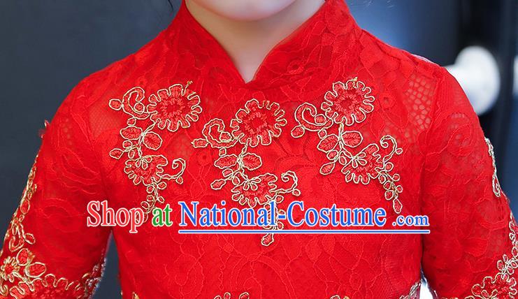 Top Grade Catwalks Veil Full Dress Children Birthday Costume Stage Show Girls Compere Red Long Dress