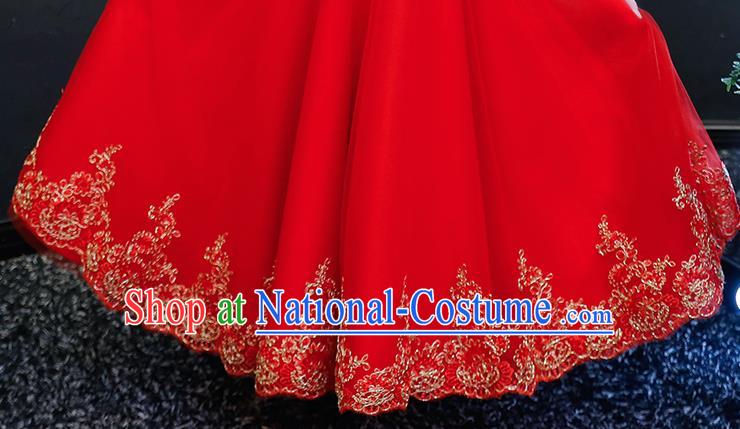 Top Grade Catwalks Veil Full Dress Children Birthday Costume Stage Show Girls Compere Red Long Dress