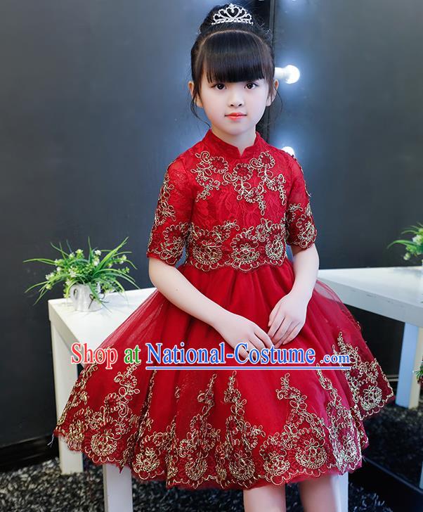 Top Grade Catwalks Lace Short Full Dress Children Birthday Costume Stage Show Girls Compere Red Veil Dress