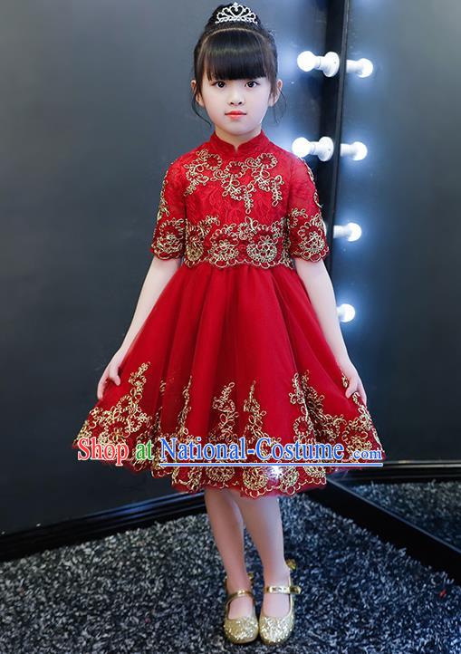 Top Grade Catwalks Lace Short Full Dress Children Birthday Costume Stage Show Girls Compere Red Veil Dress