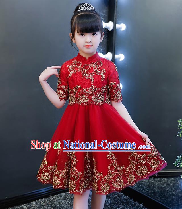 Top Grade Catwalks Lace Short Full Dress Children Birthday Costume Stage Show Girls Compere Red Veil Dress