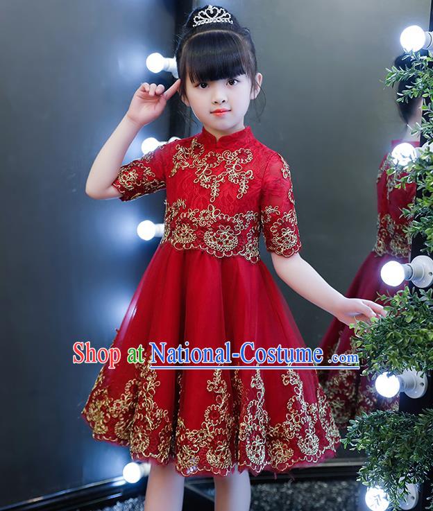 Top Grade Catwalks Lace Short Full Dress Children Birthday Costume Stage Show Girls Compere Red Veil Dress