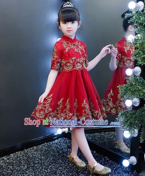 Top Grade Catwalks Lace Short Full Dress Children Birthday Costume Stage Show Girls Compere Red Veil Dress