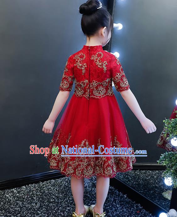 Top Grade Catwalks Lace Short Full Dress Children Birthday Costume Stage Show Girls Compere Red Veil Dress