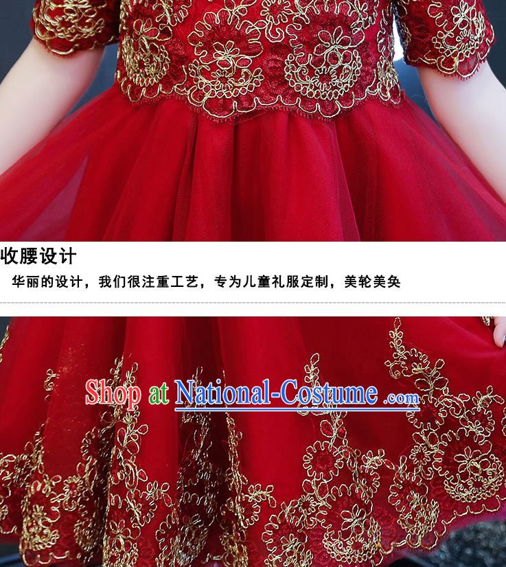 Top Grade Catwalks Lace Short Full Dress Children Birthday Costume Stage Show Girls Compere Red Veil Dress