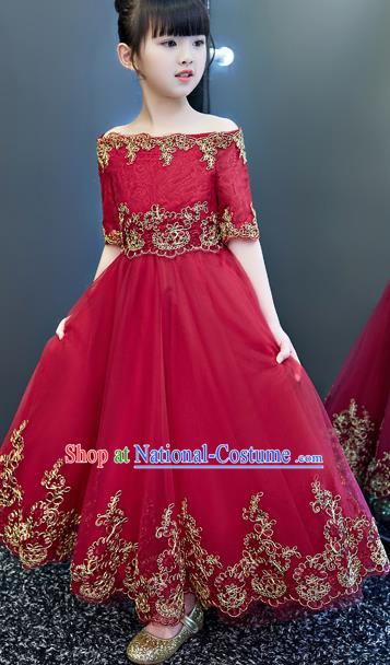 Top Grade Catwalks Wine Red Lace Full Dress Children Birthday Costume Stage Show Girls Compere Off Shoulder Dress