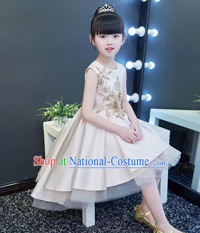 Top Grade Catwalks Light Pink Satin Full Dress Children Birthday Costume Stage Show Compere Flowers Girls Dress