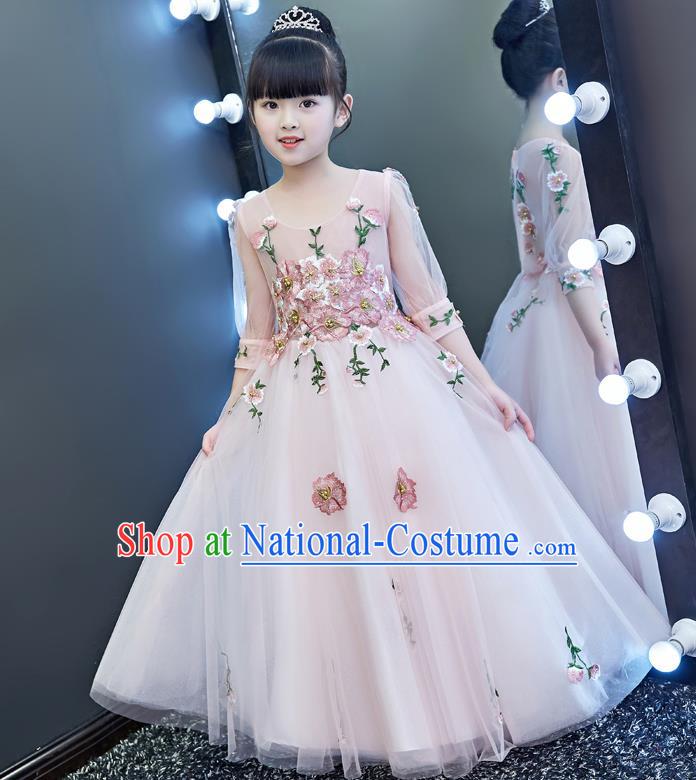 Top Grade Catwalks Flowers Girls Full Dress Children Birthday Costume Stage Show Compere Pink Veil Dress