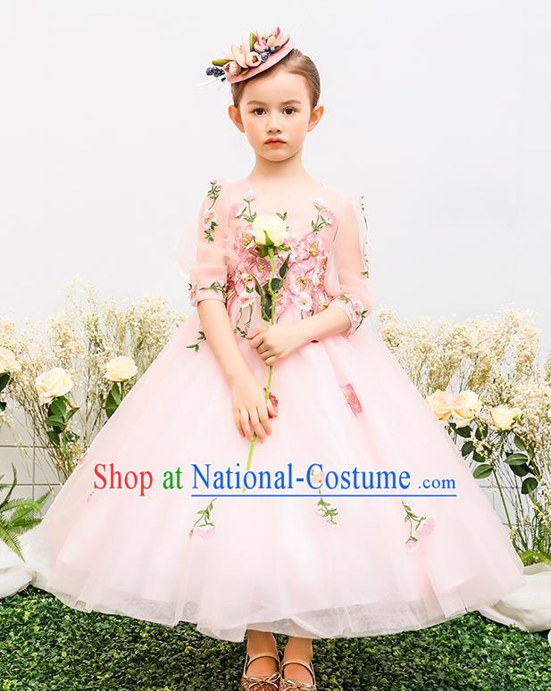 Top Grade Catwalks Pink Full Dress Children Birthday Costume Stage Show Compere Flowers Dress