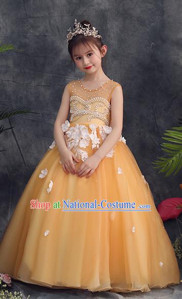 Top Grade Catwalks Yellow Full Dress Children Birthday Costume Stage Show Girls Compere Embroidered Beads Veil Dress