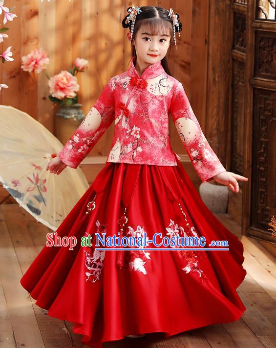 Chinese Traditional Tang Suit Red Qipao Blouse and Skirt Girl Costumes Stage Show Cheongsam Dress Apparels for Kids