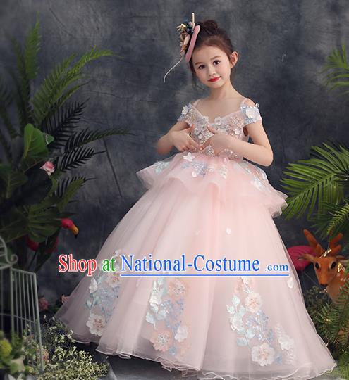 Top Grade Catwalks Flowers Fairy Pink Full Dress Children Birthday Costume Stage Show Girls Compere Veil Dress