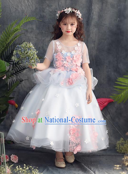 Top Grade Catwalks Flowers Fairy White Veil Full Dress Children Birthday Costume Stage Show Girls Compere Long Dress