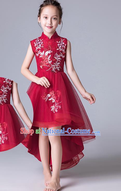 Top Grade Catwalks Wine Red Lace Full Dress Children Birthday Costume Stage Show Girls Compere Bubble Dress